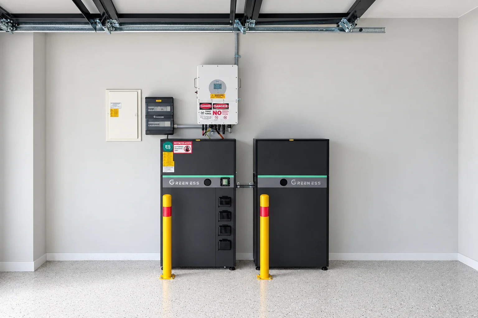 Home battery storage units and an inverter installed on a garage wall