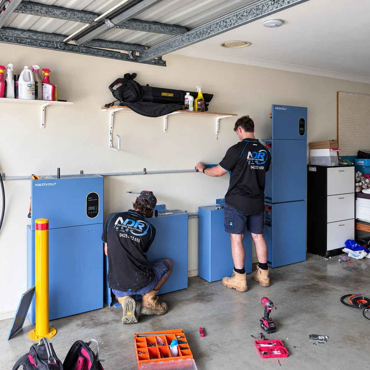 Two NDR technicians installing home battery storage in a garage